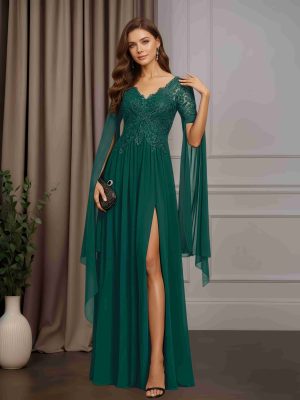 A-Line/Princess V-Neck Half Flutter Sleeves Floor-Length Mother of the Bride Dresses with Split Side & Appliques