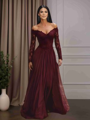 A-Line/Princess V-Neck Long Sleeves Floor-Length Mother of the Bride Dresses with Lace Appliques