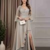 A-Line/Princess V-Neck Long Sleeves Floor-Length Chiffon Mother of the Bride Dresses with Ruffles & Split Side