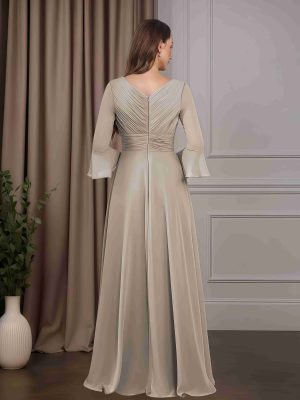 A-Line/Princess V-Neck Long Sleeves Floor-Length Chiffon Mother of the Bride Dresses with Ruffles & Split Side