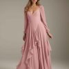 A-Line/Princess V-Neck Long Sleeves Floor-Length Long Bridesmaid Dresses with Ruffles