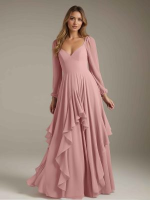 A-Line/Princess V-Neck Long Sleeves Floor-Length Long Bridesmaid Dresses with Ruffles