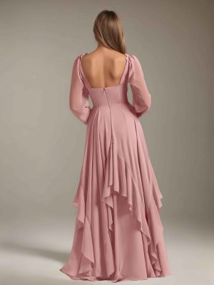 A-Line/Princess V-Neck Long Sleeves Floor-Length Long Bridesmaid Dresses with Ruffles