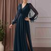 A-Line/Princess V-Neck Long Sleeves Floor-Length Mother of the Bride Dresses with Ruffles & Split Side