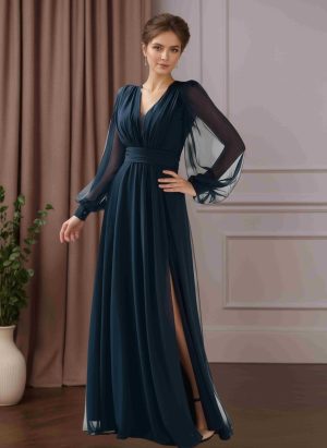 A-Line/Princess V-Neck Long Sleeves Floor-Length Mother of the Bride Dresses with Ruffles & Split Side