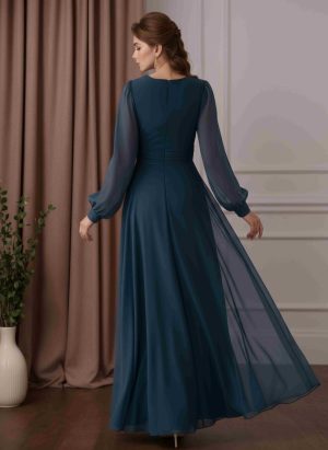A-Line/Princess V-Neck Long Sleeves Floor-Length Mother of the Bride Dresses with Ruffles & Split Side