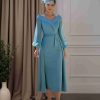A-Line/Princess V-Neck Long Sleeves Tea-Length Mother of the Bride Dresses with Ruffle, Lace & Sequins