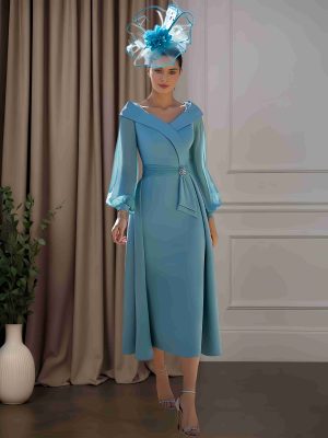 A-Line/Princess V-Neck Long Sleeves Tea-Length Mother of the Bride Dresses with Ruffle, Lace & Sequins