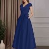 A-Line/Princess V-Neck Short Sleeves Ankle-Length Mother of the Bride Dresses With Pockets,Bowknot& Ruffles