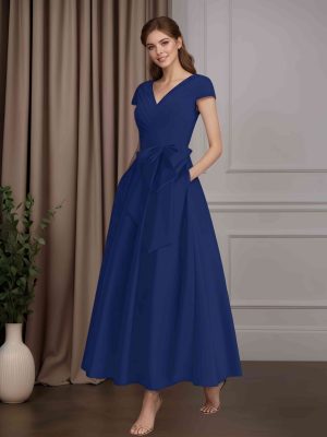 A-Line/Princess V-Neck Short Sleeves Ankle-Length Mother of the Bride Dresses With Pockets,Bowknot& Ruffles