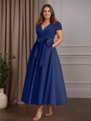 A-Line/Princess V-Neck Short Sleeves Ankle-Length Mother of the Bride Dresses With Pockets,Bowknot& Ruffles