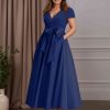 A-Line/Princess V-Neck Short Sleeves Ankle-Length Plus Size Mother of the Bride Dresses With Pockets,Bowknot & Ruffles