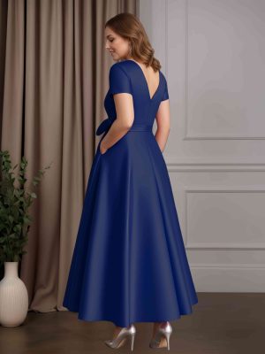 A-Line/Princess V-Neck Short Sleeves Ankle-Length Mother of the Bride Dresses With Pockets,Bowknot& Ruffles