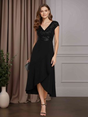 A-Line/Princess V-Neck Short Sleeves Asymmetrical Mother of the Bride Dresses with Sequins