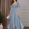 A-Line/Princess V-Neck Short Sleeves Asymmetrical Mother of the Bride Dresses with Ruched & Appliques