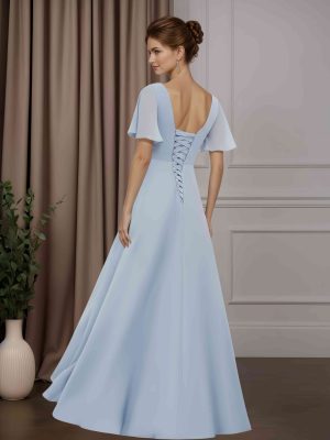 A-Line/Princess V-Neck Short Sleeves Asymmetrical Mother of the Bride Dresses with Ruched & Appliques