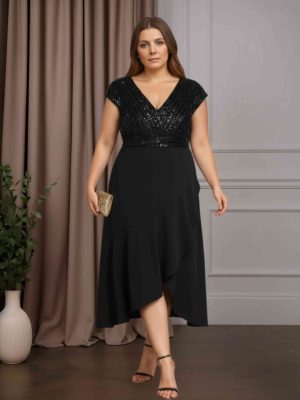 A-Line/Princess V-Neck Short Sleeves Asymmetrical Mother of the Bride Dresses with Sequins