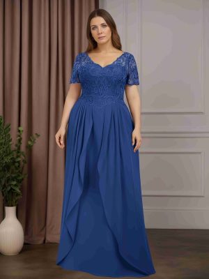 A-Line/Princess V-Neck Short Sleeves Floor-Length Mother of the Bride Dresses with Overskirt & Lace Appliques