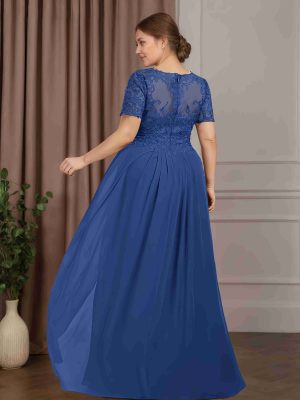 A-Line/Princess V-Neck Short Sleeves Floor-Length Plus Size Mother of the Bride Dresses with Overskirt & Lace Appliques