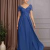 A-Line/Princess V-Neck Short Sleeves Floor-Length Mother of the Bride Dresses with Overskirt & Lace Appliques