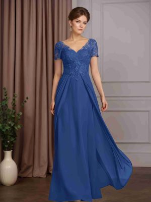 A-Line/Princess V-Neck Short Sleeves Floor-Length Mother of the Bride Dresses with Overskirt & Lace Appliques