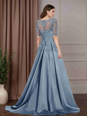 A-Line/Princess V-Neck Short Sleeves Floor-Length Satin Mother of the Bride Dresses with Lace Appliques