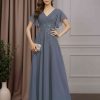 A-Line/Princess V-Neck Short Sleeves Floor-Length Mother of the Bride Dresses with Ruffles, Appliques & Sequins