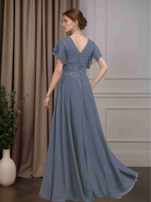 A-Line/Princess V-Neck Short Sleeves Floor-Length Mother of the Bride Dresses with Ruffles, Appliques & Sequins