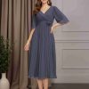 A-Line/Princess V-Neck Short Sleeves Tea-Length Chiffon Mother of the Bride Dresses with Pleated & 3D Floral Flowers