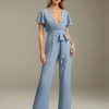 Jumpsuits Deep V-Neck Short Sleeves Floor-Length Bridesmaid Dresses with Ruffles & Bowknot