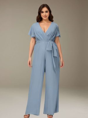 Jumpsuits Deep V-Neck Short Sleeves Floor-Length Bridesmaid Dresses with Ruffles & Bowknot