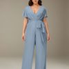 Jumpsuits Deep V-Neck Short Sleeves Floor-Length Plus Size Bridesmaid Dresses with Ruffles & Bowknot