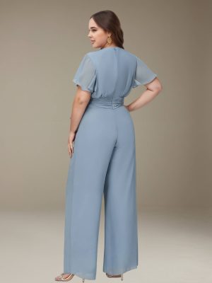 Jumpsuits Deep V-Neck Short Sleeves Floor-Length Plus Size Bridesmaid Dresses with Ruffles & Bowknot