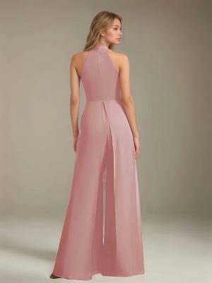 Jumpsuits Halter Neck Sleeveless Floor-Length Chiffon Bridesmaid Dresses with Ruched & Pockets