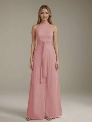 Jumpsuits Halter Neck Sleeveless Floor-Length Chiffon Bridesmaid Dresses with Ruched & Pockets