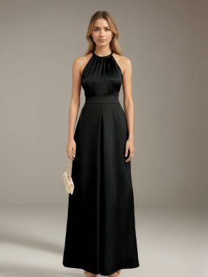 Jumpsuits Halter Neckline Sleeveless Floor-Length Bridesmaid Dresses with Ruched & Pockets