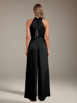 Jumpsuits Halter Neckline Sleeveless Floor-Length Bridesmaid Dresses with Ruched & Pockets
