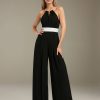 Jumpsuits Halter Neckline Sleeveless Floor-Length Bridesmaid Dresses with Ruched & Pockets