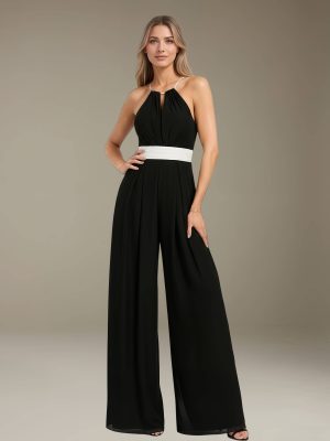 Jumpsuits Halter Neckline Sleeveless Floor-Length Bridesmaid Dresses with Ruched & Pockets