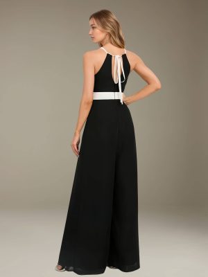 Jumpsuits Halter Neckline Sleeveless Floor-Length Bridesmaid Dresses with Ruched & Pockets