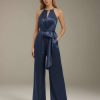 Jumpsuits Halter Neckline Sleeveless Floor-Length Bridesmaid Dresses with Ruched,Pockets & Bowknot