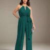 Jumpsuits Halter Neckline Sleeveless Floor-Length Plus Size Bridesmaid Dresses with Ruched,Pockets & Bowknot