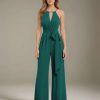Jumpsuits Halter Neckline Sleeveless Floor-Length Bridesmaid Dresses with Ruched,Pockets & Bowknot