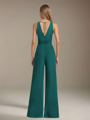 Jumpsuits Halter Neckline Sleeveless Floor-Length Bridesmaid Dresses with Ruched,Pockets & Bowknot