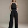 Jumpsuits Halter Sleeveless Floor-Length Bridesmaid Dresses with Ruched & Pockets