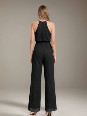Jumpsuits Halter Sleeveless Floor-Length Bridesmaid Dresses with Ruched & Pockets