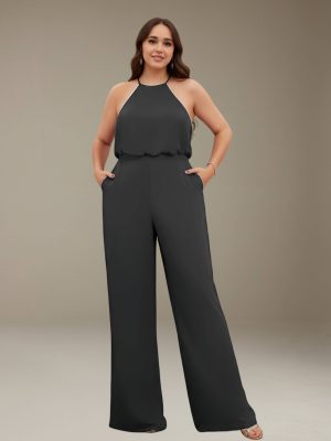 Jumpsuits Halter Sleeveless Floor-Length Plus Size Bridesmaid Dresses with Ruched & Pockets