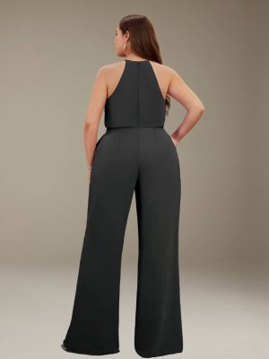 Jumpsuits Halter Sleeveless Floor-Length Plus Size Bridesmaid Dresses with Ruched & Pockets