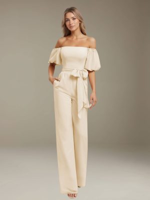 Jumpsuits Off-The-Shoulder Floor-Length Bridesmaid Dresses with Pockets & Bowknot