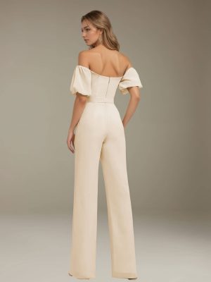Jumpsuits Off-The-Shoulder Floor-Length Bridesmaid Dresses with Pockets & Bowknot